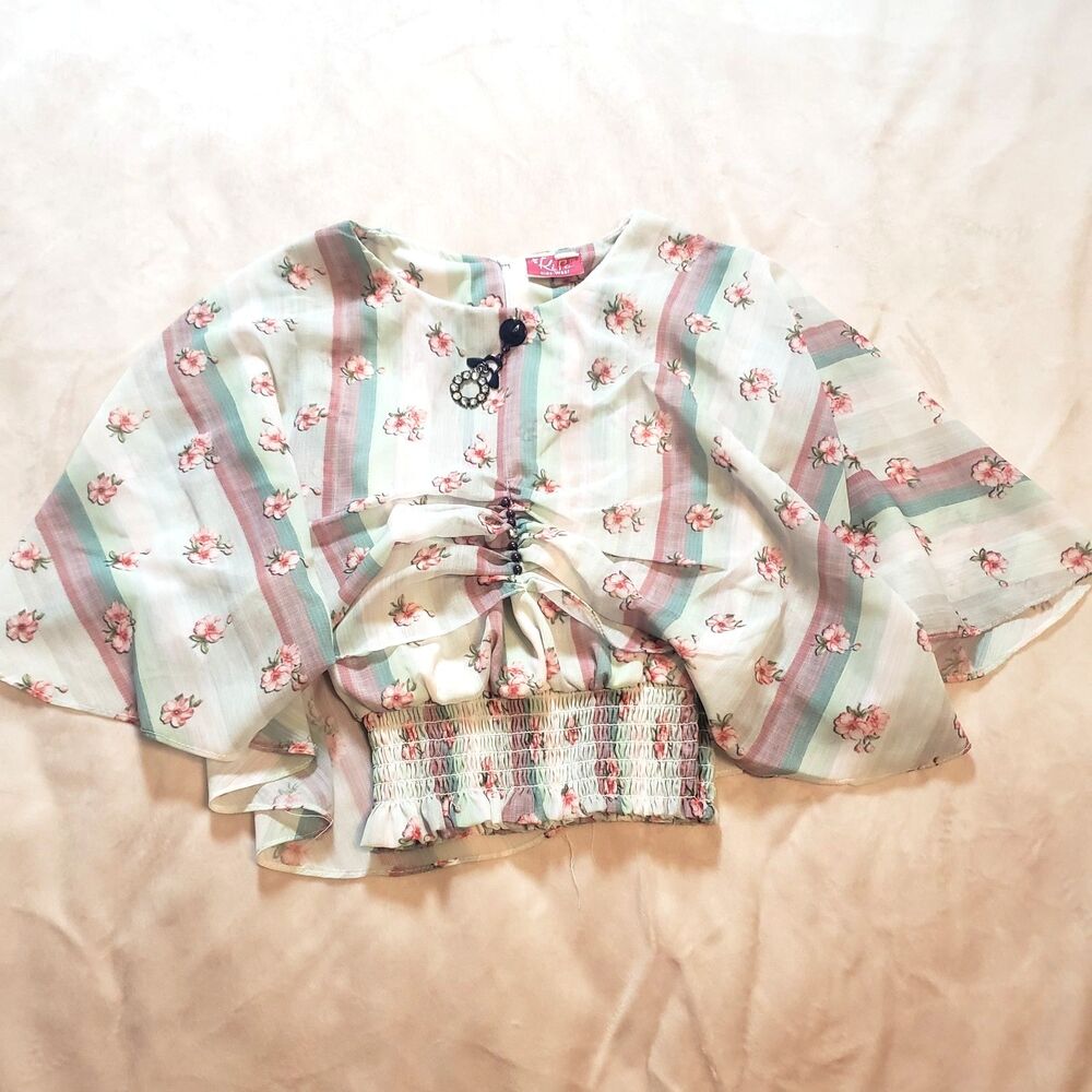 Floral Stripe Flare Girls Blouse with Charm Accessory